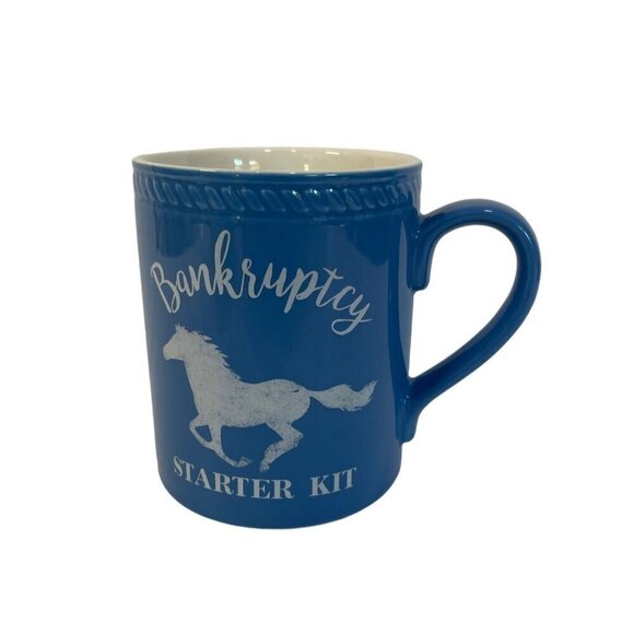 "Bankruptcy Starter Kit" Mug Cracker Barrel Exclusive Blue Ceramic Equine Horse - Picture 1 of 5